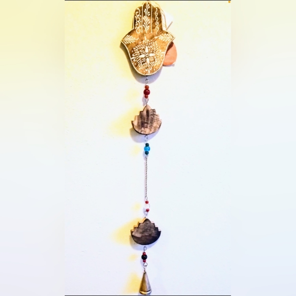 Handmade Wood and Bead Hanging Wall Decor in Brown and Blue
